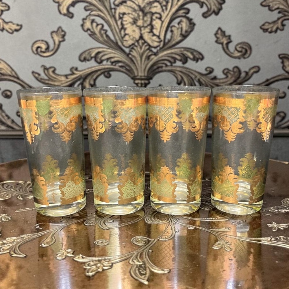 Georges Briard Signed Carrara‎ Highball Glasses, Set of 4, Gold & Green Tumblers
